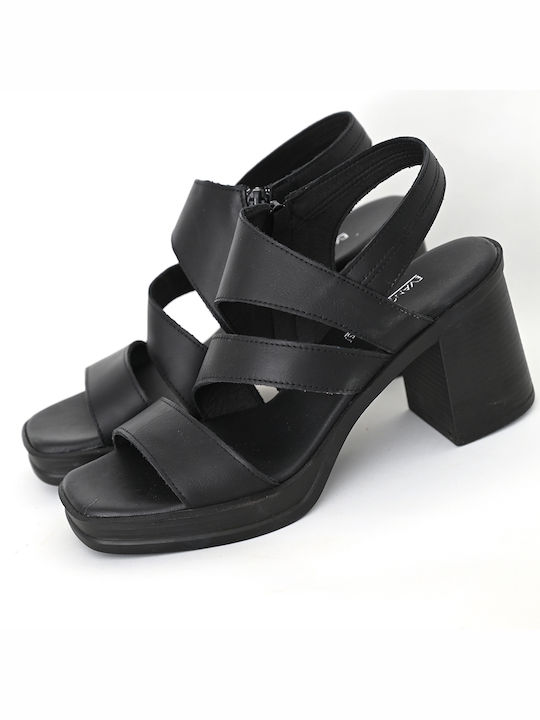 Evangelia Drosi Leather Women's Sandals Black with High Heel