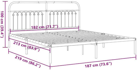 King Size Metal Bed White with Slats for Mattress 183x213cm