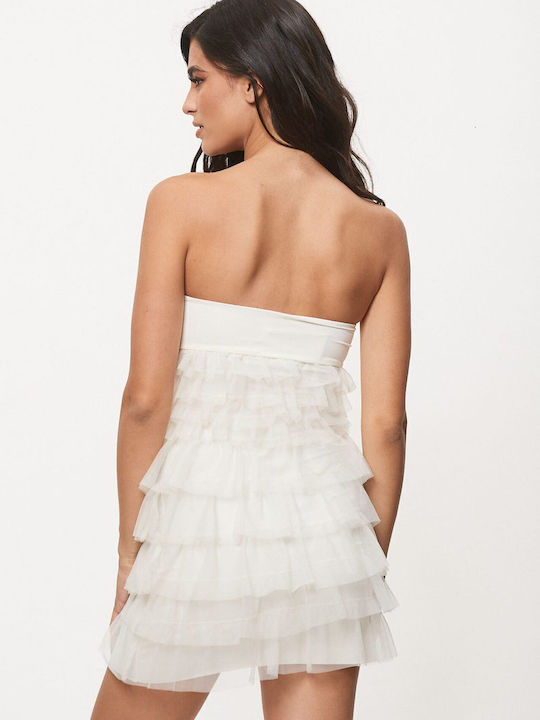 Sommer Mini Abendkleid Trägerlos mit Rüschen Weiß