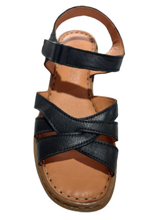 Leder Flache Sandalen für Damen Anatomisch mit Riemen in Schwarz Farbe
