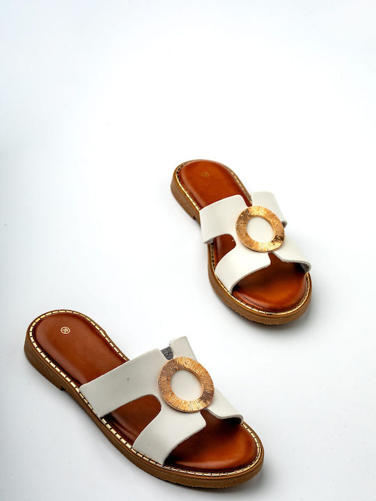 Leather Women's Flat Sandals in White Color