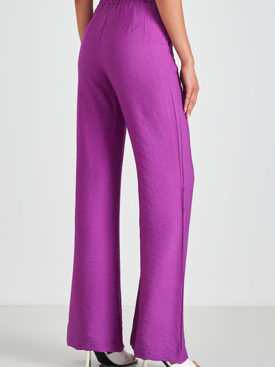 Cento Fashion Women's High Waist Linen Trousers with Elastic Purple