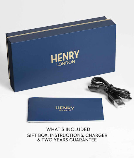 Henry London Smart Stainless Steel 43mm Smartwatch with Heart Rate Monitor (Silver & Black Leather)