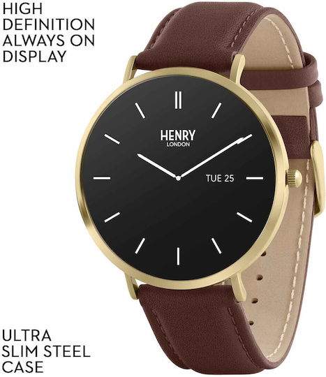 Henry London Smart Stainless Steel 43mm Smartwatch with Heart Rate Monitor (Gold & Chocolate Leather)