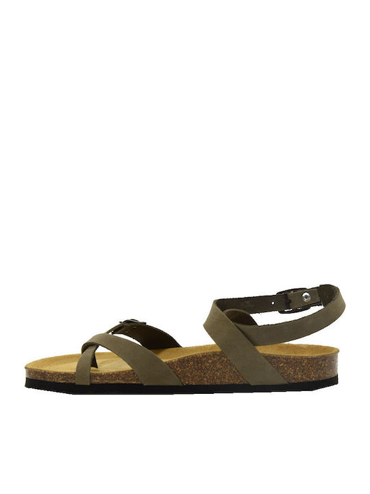Bankog Leather Women's Flat Sandals Nobuck 2 Khaki