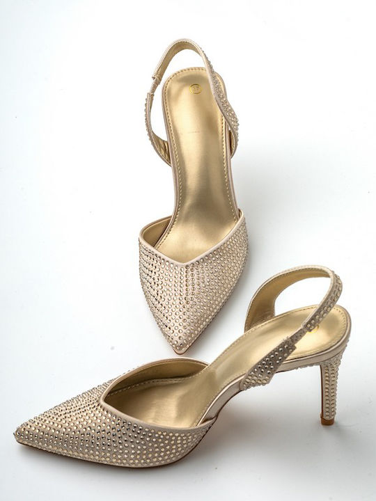 Synthetic Leather Stiletto Gold High Heels with Strap