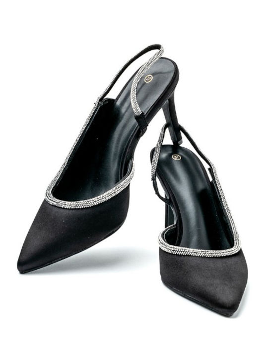 Synthetic Leather Stiletto Black High Heels with Strap