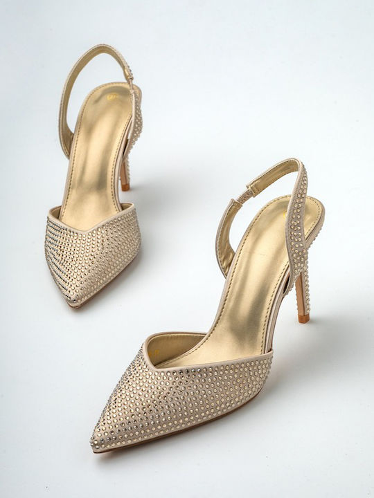 Synthetic Leather Stiletto Gold High Heels with Strap