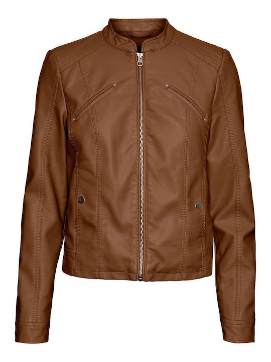 Vero Moda Women's Short Lifestyle Leather Jacket for Winter Cognac