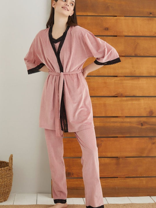 Siyah Inci Winter Women's Velvet Robe with Pyjama Pink