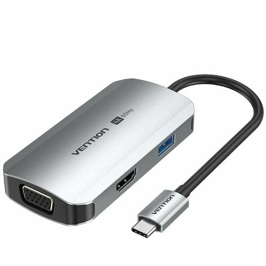 Vention TQAHB USB-C Докинг станция с HDMI 4K PD Етърнет и свързване 2 монитора Сив