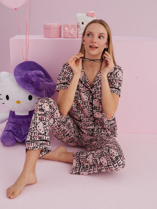 Hello Kitty Καλοκαιρινό Γυναικείο Σετ Πιτζάμας Βαμβακερό Ροζ