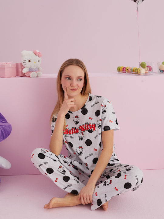 Hello Kitty Καλοκαιρινό Γυναικείο Σετ Πιτζάμας Ανοιχτό Γκρι