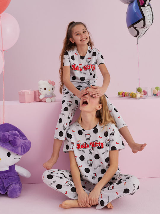 Hello Kitty Καλοκαιρινό Γυναικείο Σετ Πιτζάμας Ανοιχτό Γκρι