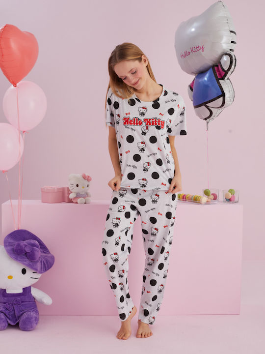 Hello Kitty Καλοκαιρινό Γυναικείο Σετ Πιτζάμας Ανοιχτό Γκρι