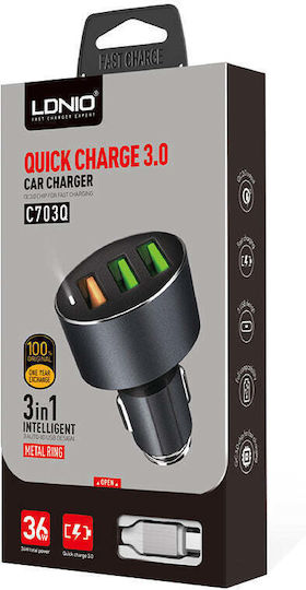 Ldnio Car Charger 3A Fast Charging with Ports 3xUSB-A along with Micro-USB Cable Grey Color