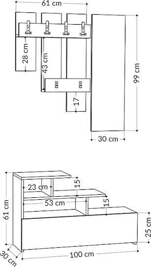 Vesty Entry Furniture with Mirror / Hanger & Shoe Rack Open Walnut 100x30x61cm