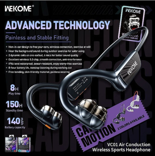 WK VC01 Отворено ухо Bluetooth хендсфри Слушалки с Устойчивост на Пот Черен