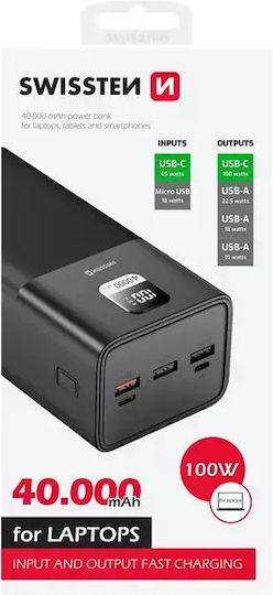 Swissten Power Bank 40000mAh 100W with 3 USB-A Ports and USB-C Port Quick Charge 3.0 Black