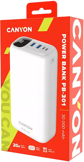 Canyon PB-301 Ηλιακό Power Bank 30000mAh 20W Power Delivery / Quick Charge 3.0 Λευκό