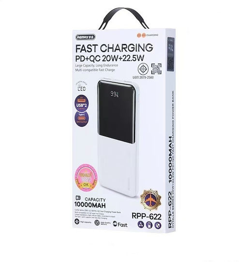 Remax RPP-622 Power Bank 10000mAh с 2 USB-A порта и USB-C порт Power Delivery Бял