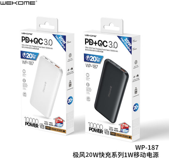 WK Gifon WP-187 Power Bank 10000mAh 18W с USB-A порт и USB-C порт Бързо зареждане 3.0 Черен