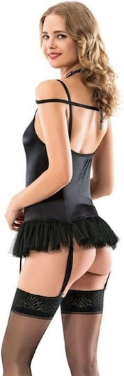 Moongirl Сет Babydoll Сатен с Жартиери & String Секси Комплект Бельо Черен MG1075