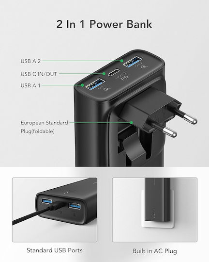 Charmast C1146L Power Bank 10000mAh 20W με 2 Θύρες USB-A και Θύρα USB-C Μαύρο