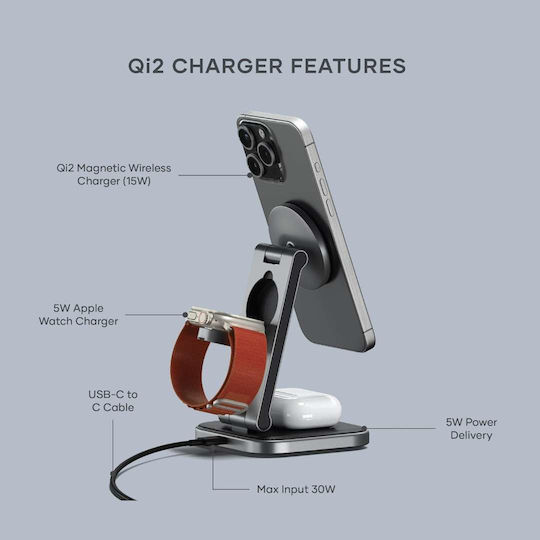 Satechi Ασύρματος Φορτιστής Qi2 15W Power Delivery Γκρι (SA-ST-Q31FM-EA)