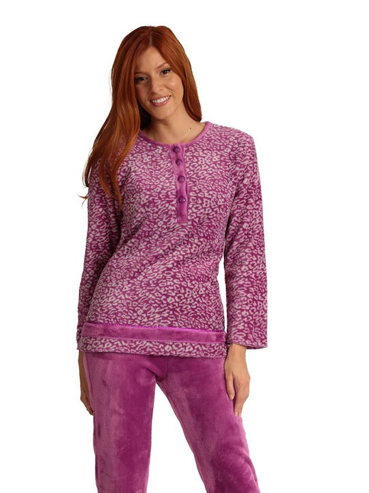 Set de pijamale pentru femei Lydia Creations, iarnă, din polar, mov, 23592