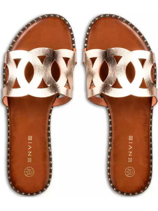 Leather Women's Flat Sandals in Gold Color