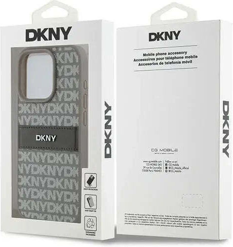 Carcasă din piele PU DKNY cu model repetitiv și dungi tonale pentru iPhone 15 Pro, bej