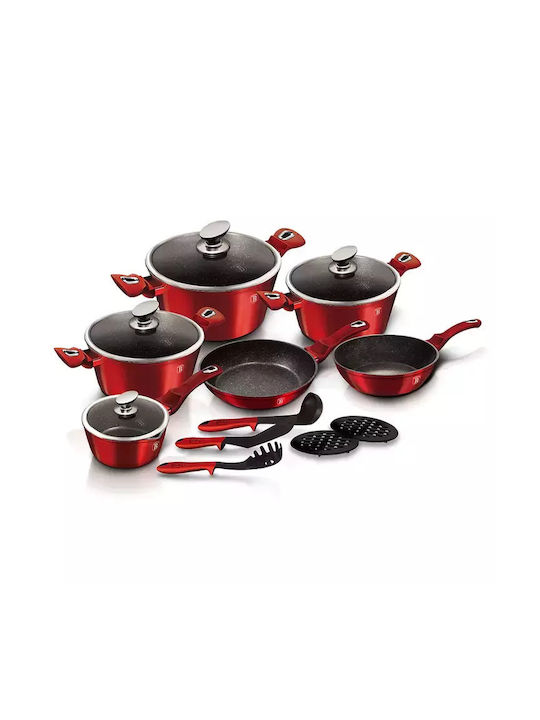 Berlinger Haus Metallic Line Cookware Set of Aluminum with Stone Coating Burgundy Collection 15pcs