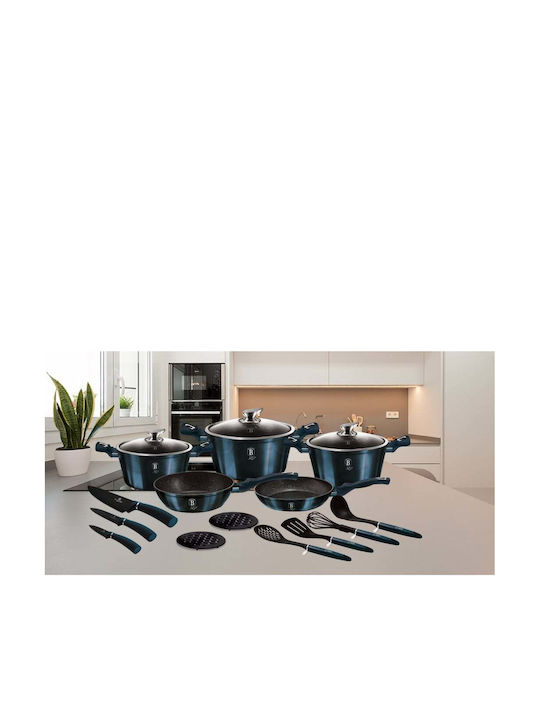 Berlinger Haus Metallic Line Cookware Set of Aluminum with Stone Coating Aquamarine Collection 17pcs