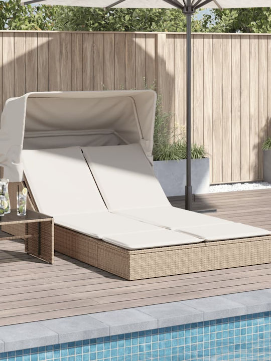 Liegestuhl Doppelter Rattan mit Kissen & Sonnenschirm Beige 100x200cm.