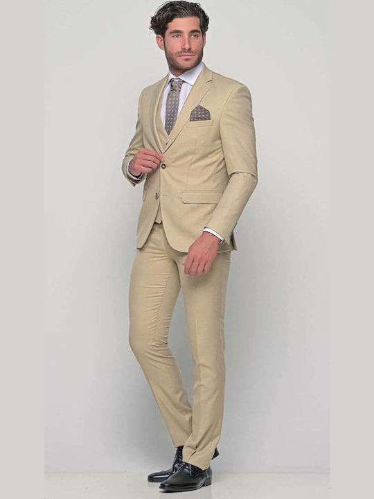 Men's Suit with Vest Slim Fit Beige