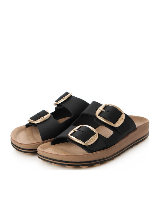 Despoina Leather Women's Flat Sandals Black/Gold