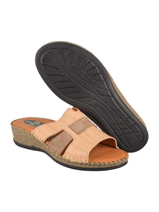 Leather Women's Flat Sandals in Beige Color