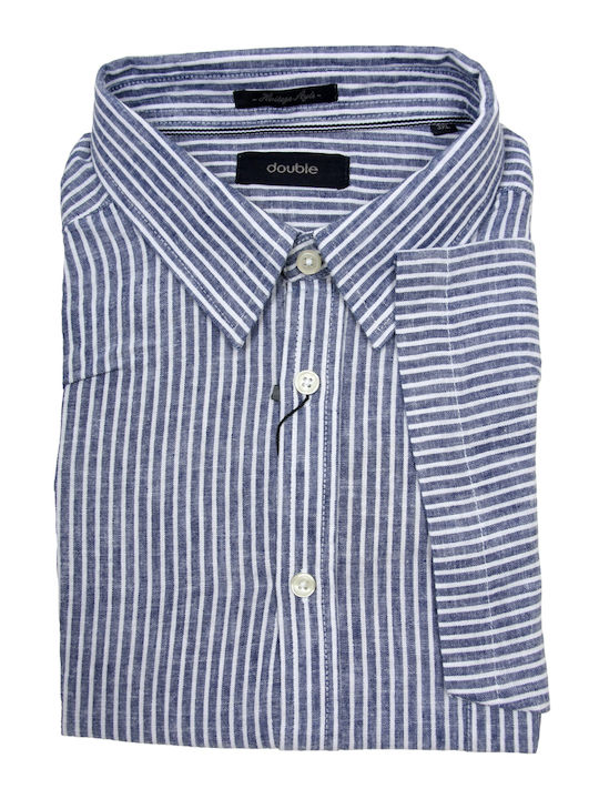 Double Men's Shirt Short Sleeve Cotton Striped Blue