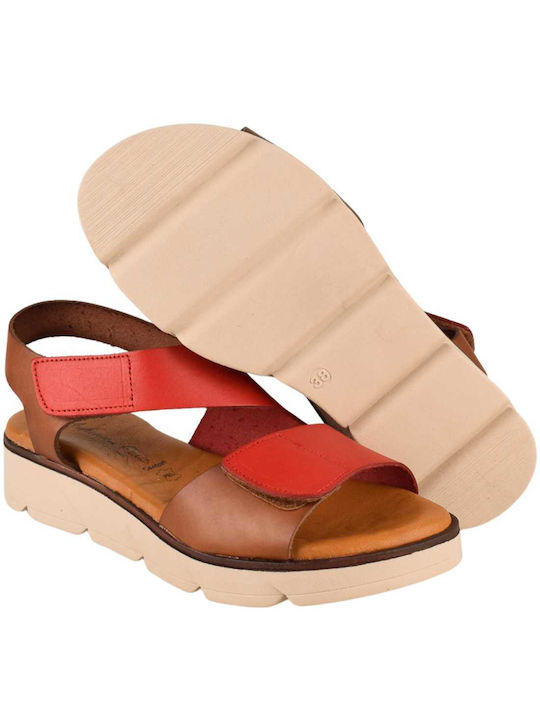 Yfantidis Leather Women's Flat Sandals in Red Color