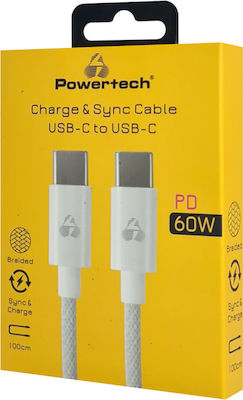 Powertech Braided USB 2.0 Cable USB-C male - USB-C 60W White 1m (TR-0183)
