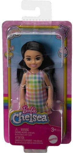Barbie Малка Кукла Челси Малко момиче с черна коса и карирана рокля за 3+ години+ години (Различни Видове) 1 бр.