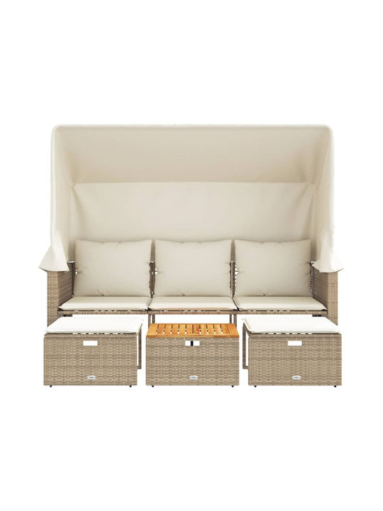 Dreifach Garten- und Pool-Liegestuhl Rattan mit Kissen & Sonnenschutz Beige mit Tisch