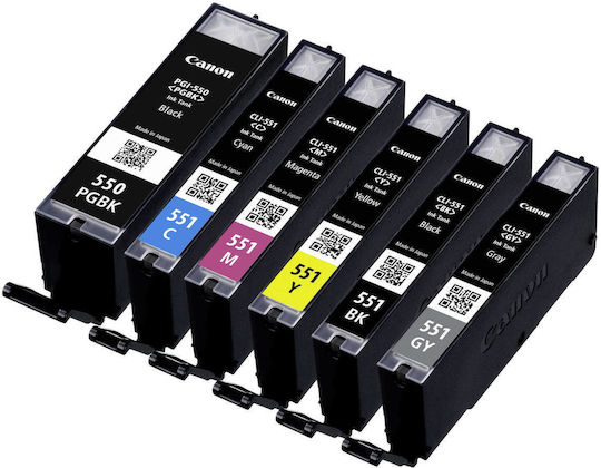 Canon PGI-550/CLI-551 Γνήσιο Πακέτο 6 Μελανιών Εκτυπωτή InkJet Γκρι / Κίτρινο / Κυανό / Ματζέντα / Μαύρο (6496B005)