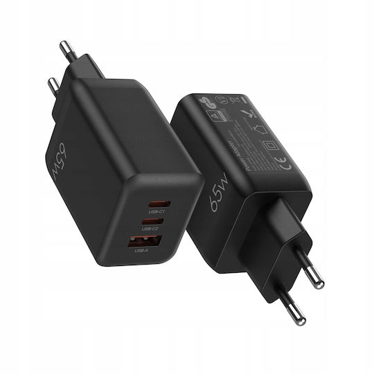 Spacecase Φορτιστής Χωρίς Καλώδιο GaN με Θύρα USB-A και 2 Θύρες USB-C 65W Power Delivery / Quick Charge 3.0 Μαύρος (SC008B)