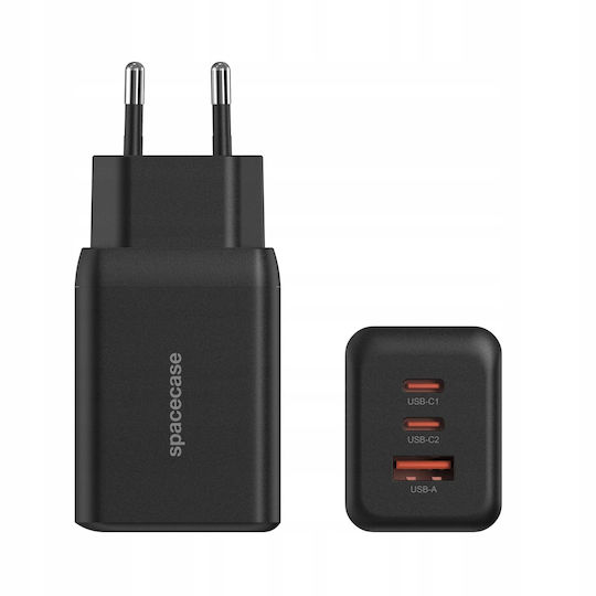 Spacecase Φορτιστής Χωρίς Καλώδιο GaN με Θύρα USB-A και 2 Θύρες USB-C 65W Power Delivery / Quick Charge 3.0 Μαύρος (SC008B)