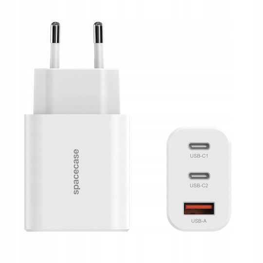 Spacecase Ladegerät ohne Kabel mit 2 USB-A Anschlüsse und USB-C Anschluss 30W Stromlieferung / Schnellaufladung 3.0 Weißs (SC004W)