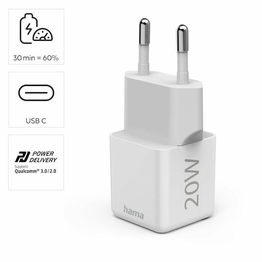 HAMA Charger Without Cable with USB-C Port 20W Power Delivery Whites (00201980)