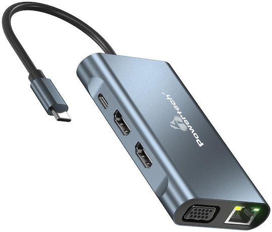 Powertech BYL-2311 USB-C Docking Station with HDMI 4K PD Ethernet and Support for 2 Monitors Gray
