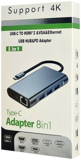 Powertech BYL-2311 USB-C Docking Station with HDMI 4K PD Ethernet and Support for 2 Monitors Gray